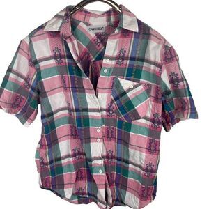 Vintage Cabin Creek Pink Green Aztec Print Plaid 100% Cotton‎ Top Size L